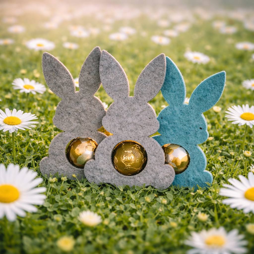 🐰 Filz-Hase „Langohr“ – sitzend Ausschnitt Schokokugeln, 3er Set, Stückpreis 0,90€ zzgl. Mwst