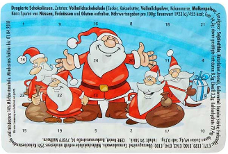 1 Stk Mini Lieferbar Ende Oktober!!!!!Adventskalender Schokolinsen Aufdruck "sympathische Weihnachtsmänner" 0,85 € Stückpreis